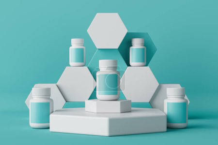Téléchargez les photos : Présentation de pots médicaux Mockup avec pilules ou vitamines sur un podium sur fond bleu. Rendu 3d - en image libre de droit