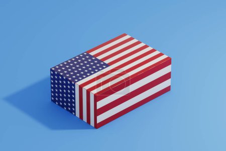 Téléchargez les photos : Boîte en carton avec drapeau américain sur fond bleu. Rendu 3d - en image libre de droit