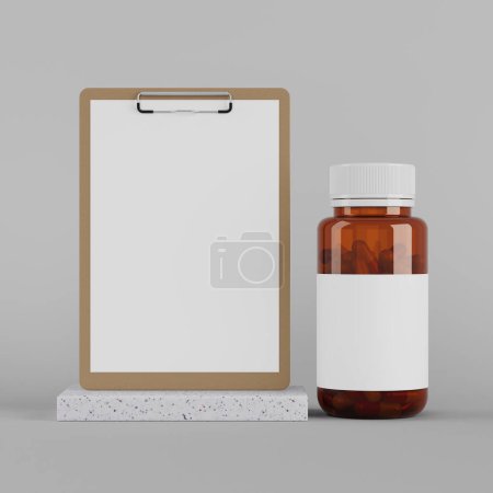 Foto de Portapapeles en blanco cerca de la botella de vidrio marrón con píldoras de vitaminas y etiqueta engomada en blanco para su diseño sobre un fondo blanco. Renderizado 3d - Imagen libre de derechos