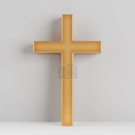 Símbolo Cristiano Cruz Dorada Icono sobre un fondo blanco. Renderizado 3d