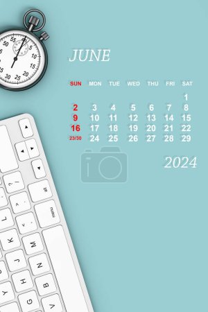 Foto de Calendario de 2024 años. Calendario de junio con cronómetro y teclado. Renderizado 3d - Imagen libre de derechos