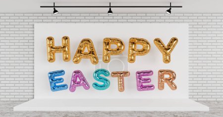 Foto de Golden Metal Balloon Letters as Happy Easter Sign on White Backdrop Stage in Room with Brick Wall extreme closeup. Renderizado 3d - Imagen libre de derechos