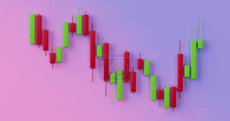 Grüne und rote Trading Financial Candlesticks Pattern Chart auf rosa und blauem Hintergrund. 3D-Darstellung 