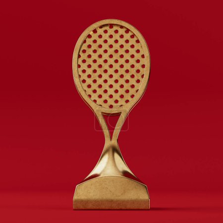 Téléchargez les photos : Trophée de tennis dans la forme d'une raquette de tennis or sur un fond rouge. Rendu 3d - en image libre de droit