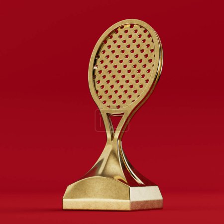 Téléchargez les photos : Trophée de tennis dans la forme d'une raquette de tennis or sur un fond rouge. Rendu 3d - en image libre de droit