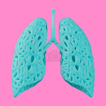 Téléchargez les photos : Modèle abstrait bleu d'organe de poumons dans le style de Duotone sur un fond rose. Rendu 3d - en image libre de droit