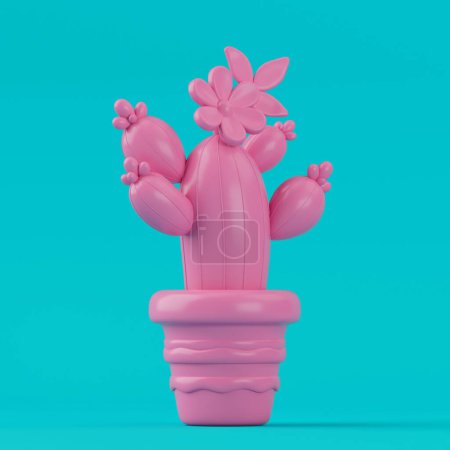 Téléchargez les photos : Cactus rose dessin animé mignon dans le style Duotone sur un fond bleu. Rendu 3d - en image libre de droit