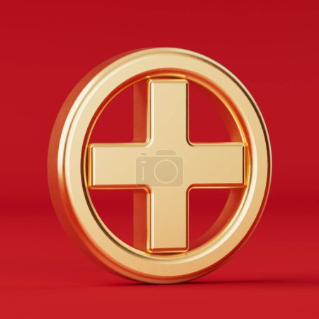 Foto de Signo de Cruz Médica Golden Plus Icon sobre un fondo rojo. Renderizado 3d - Imagen libre de derechos