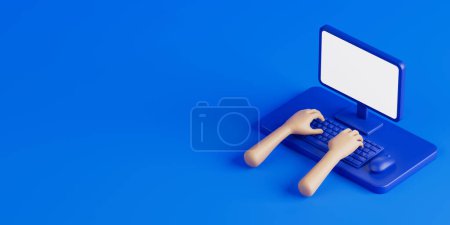 Téléchargez les photos : Infographie Scène de bande dessinée isométrique avec bureau et mains sur un clavier d'ordinateur sur un fond bleu. Rendu 3d - en image libre de droit