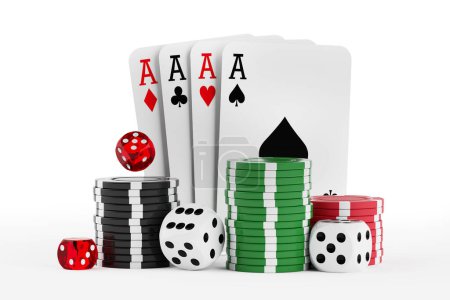 Foto de Fichas de juego, Dices y cartas de póquer sobre un fondo blanco. Renderizado 3d - Imagen libre de derechos