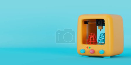 Téléchargez les photos : Icône d'imprimante 3D de jouet de bande dessinée abstraite jaune sur un fond bleu. Rendu 3d - en image libre de droit