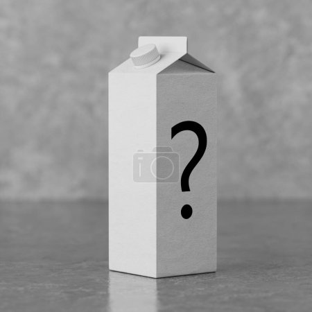 Foto de Caja de cartón de leche blanca con signo de interrogación sobre fondo blanco. Renderizado 3d - Imagen libre de derechos