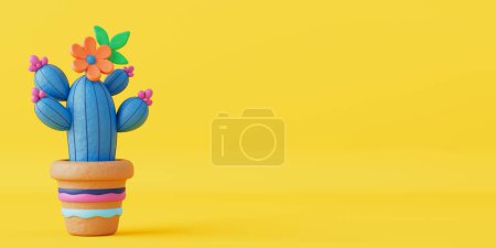 Téléchargez les photos : Mignon dessin animé Plasticine Cactus sur un fond jaune. Rendu 3d - en image libre de droit