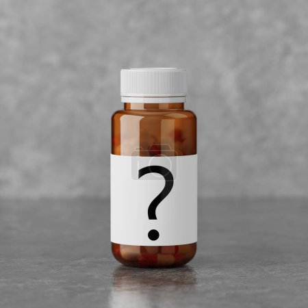Foto de Píldora o botella de vitaminas con un signo de interrogación en la etiqueta sobre un fondo blanco. Renderizado 3d - Imagen libre de derechos