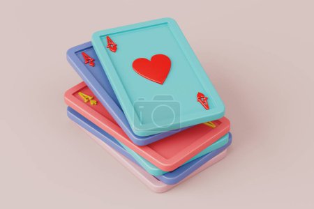 Foto de Conjunto de ases jugando al icono de la tarjeta sobre un fondo rosa. Renderizado 3d - Imagen libre de derechos