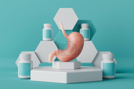 Foto de Anatomía estomacal humana Órganos internos y frascos médicos con pastillas o vitaminas en un podio sobre un fondo azul. Renderizado 3d - Imagen libre de derechos