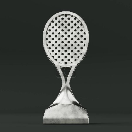 Téléchargez les photos : Trophée Tennis Award en forme de raquette de tennis argentée sur fond sombre. Rendu 3d - en image libre de droit