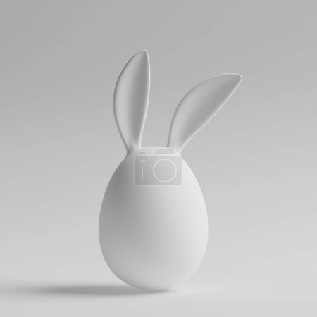 Téléchargez les photos : Œuf de Pâques blanc avec des oreilles de lapin en style argile sur un fond blanc. Rendu 3d - en image libre de droit