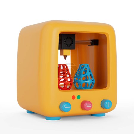 Foto de Icono de la impresora 3d del juguete de dibujos animados abstracto amarillo sobre un fondo blanco. Renderizado 3d - Imagen libre de derechos