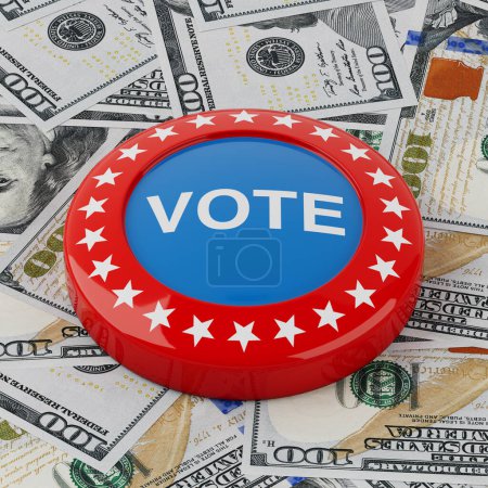 Foto de Elecciones presidenciales 2024, Ronda Patriótica Insignia de botón de voto con estrellas en un dinero de dólares Facturas de primer plano extremo. Renderizado 3d - Imagen libre de derechos