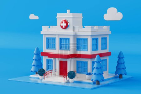 Téléchargez les photos : Scène abstraite avec Cartoon Hospital Building sur fond bleu. Rendu 3d - en image libre de droit