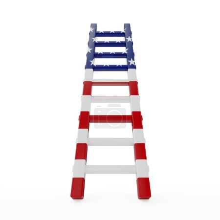 Foto de Escalera hacia el concepto de libertad. Escalera con bandera de Estados Unidos sobre fondo blanco. Renderizado 3d - Imagen libre de derechos