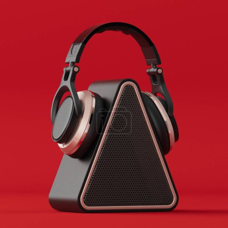 Foto de Moderno altavoz de música móvil triangular con auriculares sobre fondo rojo. Renderizado 3d - Imagen libre de derechos