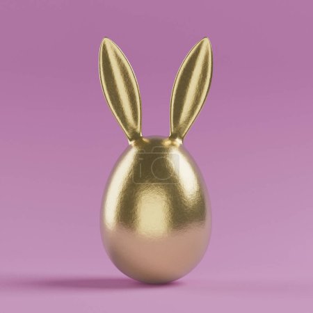 Téléchargez les photos : Œuf de Pâques doré aux oreilles de lapin sur fond rose. Rendu 3d - en image libre de droit