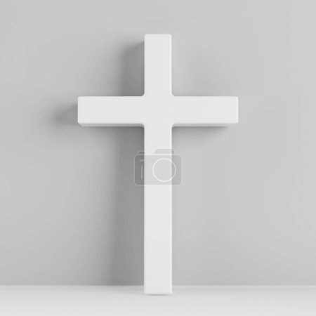 Téléchargez les photos : Symbole de christianisme Croix blanche Icône en style argile sur un fond blanc. Rendu 3d - en image libre de droit