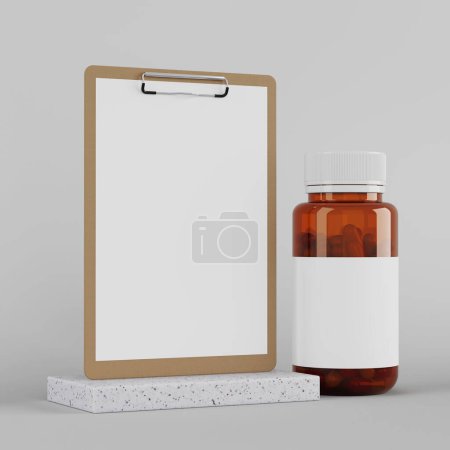 Téléchargez les photos : Presse-papiers vierge près de Bouteille en verre brun avec pilules de vitamines et étiquette autocollante vierge pour votre conception sur un fond blanc. Rendu 3d - en image libre de droit