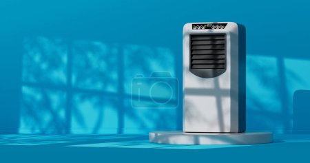 Climatiseur portable mobile dans la chambre bleue witn Sun Shadows extrême gros plan. Rendu 3d