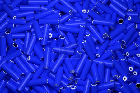 Foto de Top view full frame background of many 18650 lithium blue batteries chaotically arranged - Imagen libre de derechos