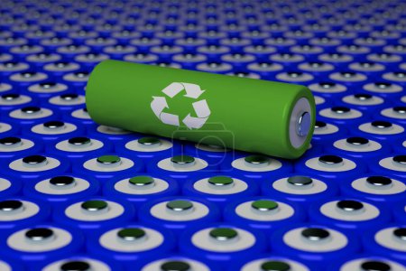 High angle of 3D rendering of green 18650 lithium battery with white recycling symbol placed on seamless background