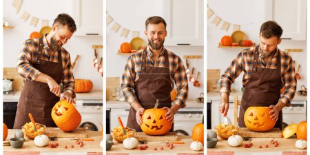 Photo for Collage of  man in apron standing in kitchen and carving large orange pumpkin for Halloween party while  making scary face on jack-o-lantern - Royalty Free Image
