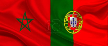 Téléchargez les photos : Maroc - Portugal Match de football en quart de finale. Round of 8 World Cup Qatar 2022 drapeaux de vague de texture nationale - en image libre de droit