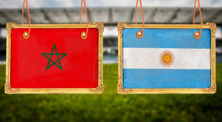 hanging photo wooden frame with Morocco vs Argentina flags - finals football match