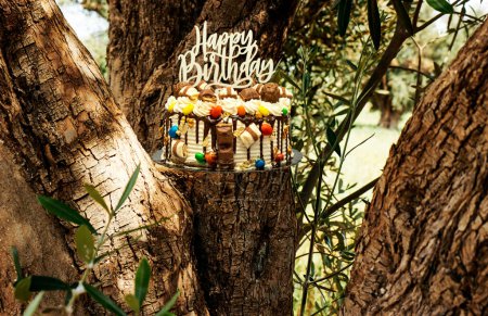 Foto de Pastel de capa de cumpleaños decorado con trozos de chocolate con texto de feliz cumpleaños en el tronco de olivo - Imagen libre de derechos
