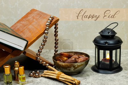 Photo for Mawlid al nabi or ramadan, eid concept. lantern with perfume and muslim book with Arabic calligraphy Quran - translation : the noble book of Muslims around the world on stand and dates fruit - Royalty Free Image