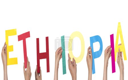 closeup hands people forming Ethiopia text with colorful letters