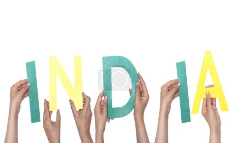 closeup hands people forming India text with colorful letters