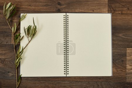 Téléchargez les photos : Carnet de page vierge avec feuilles d'olives sur table en bois - en image libre de droit