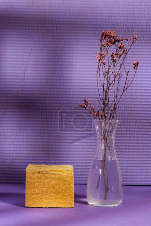 Wooden eco rustic platform podium on purple. Minimal empty display product presentation scene. window shadow background.