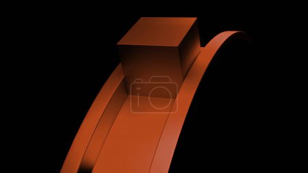 Abstractions with moving figures on a black background. Design. Metal cube and arcuate road