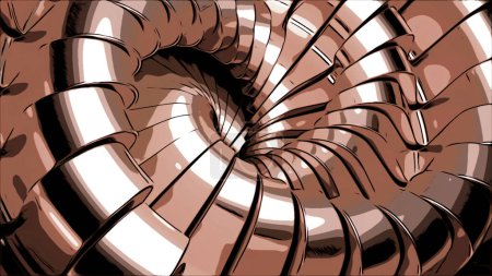 Abstrakte Kunst mit surrealen 3D-Maschinen industriellen Hintergrund. Design. Spiralförmige Metallspirale mit glatten fraktalen Klingen