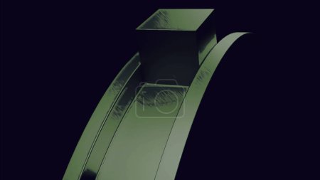 Rueda redonda abstracta de metal verde con cubos 3D en movimiento. Diseño. Surrealista figura giratoria 3D