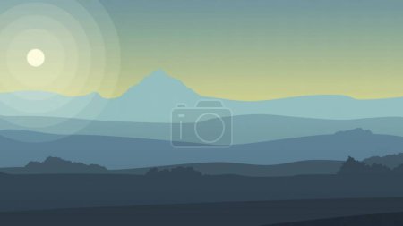 Foto de Paisaje de animación con montañas, colinas, cielo y un sol. Animación de un hermoso paisaje de silueta de fondo, con cordillera, cielo y puesta de sol
. - Imagen libre de derechos
