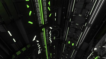 Elevator corridor in the building lit by green illumination. Flying through futuristic elevator shaft, seamless loop, abstract technological background.