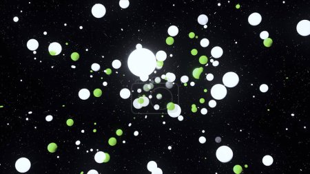 Glowing balls fly out into black space. Motion. Stream of explosion of glowing balls on black background. Black space with balls appearing in stream.