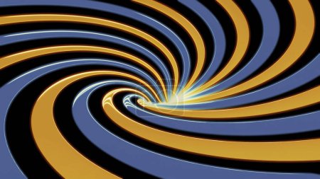 Abstract background with animated hypnotic hurricane of blue and orange stripes. Design. Rotating bending contrasting lines