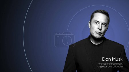 Téléchargez les photos : Portrait monochrome du scientifique Elon Musk sur fond d'anneaux de diffusion bleus. Motion. Personnages célèbres avec des idées de génie - en image libre de droit